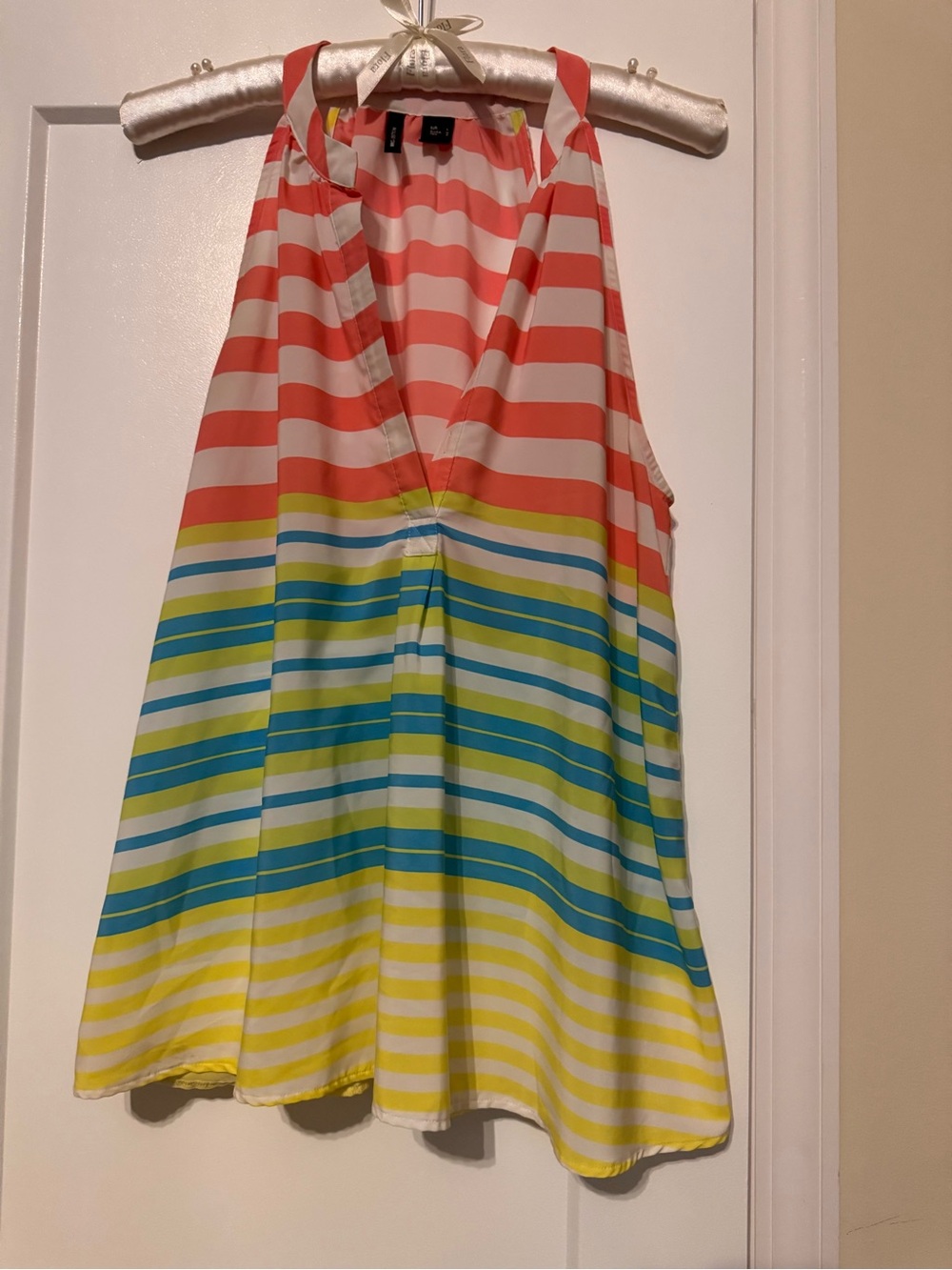 MNG Collection Coral/Pink, White & Aqua, Yellow Blue Striped Top halter V neck